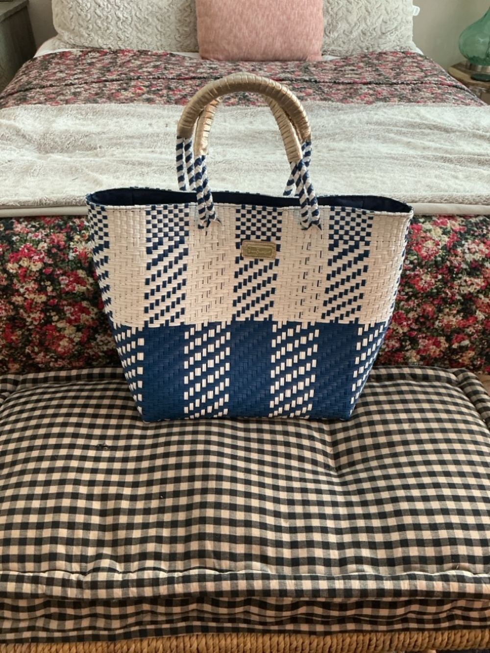 Lilly Pulitzer Low Tide Navy White Gold Handles Large Vinyl Woven Tote Bag EUC